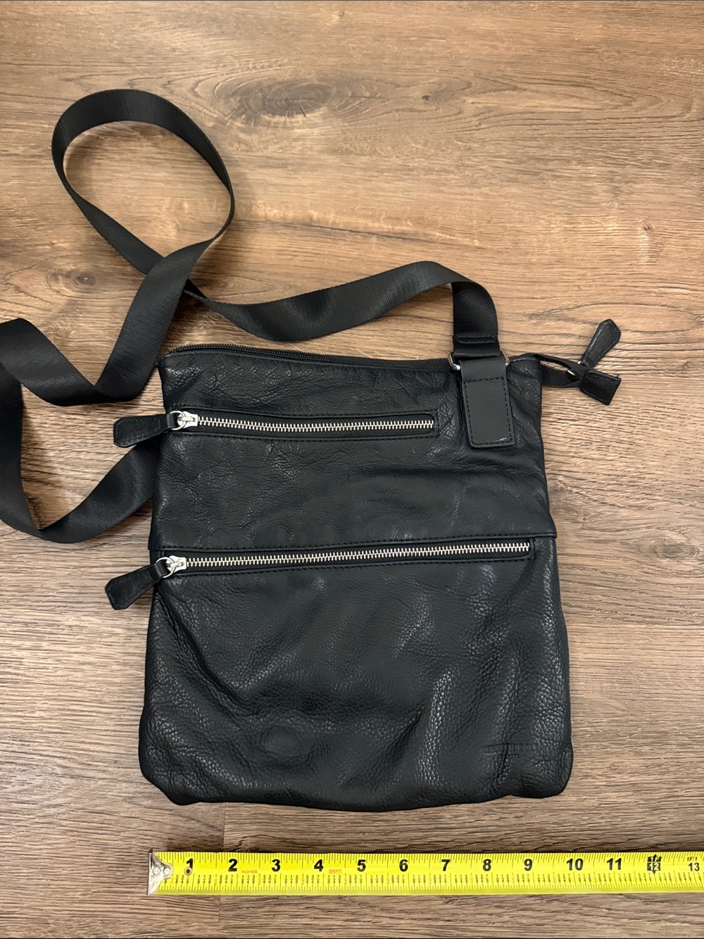 Kenneth Cole Black Leather Messenger Bag with Silver Zippers